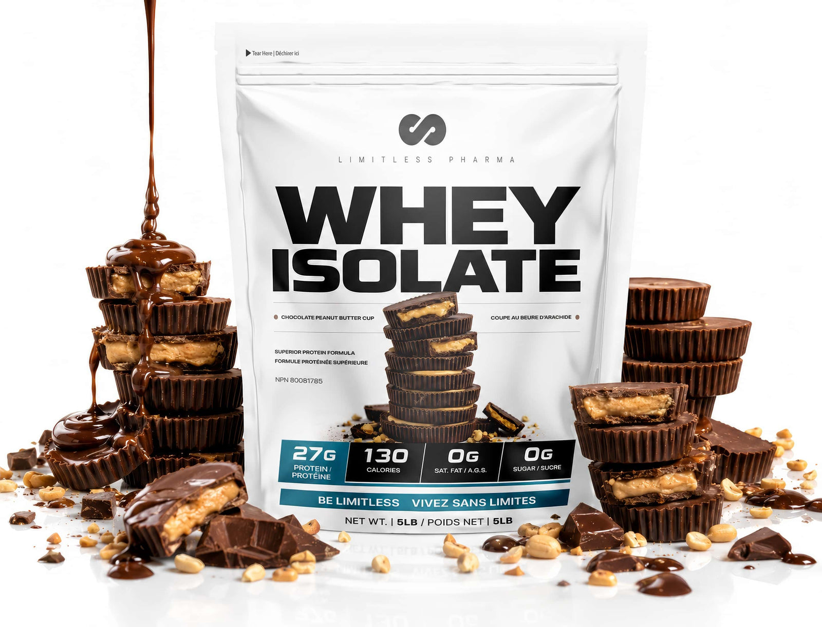 Whey Isolate Chocolate Peanut Butter Cup surrounded by peanut butter cups