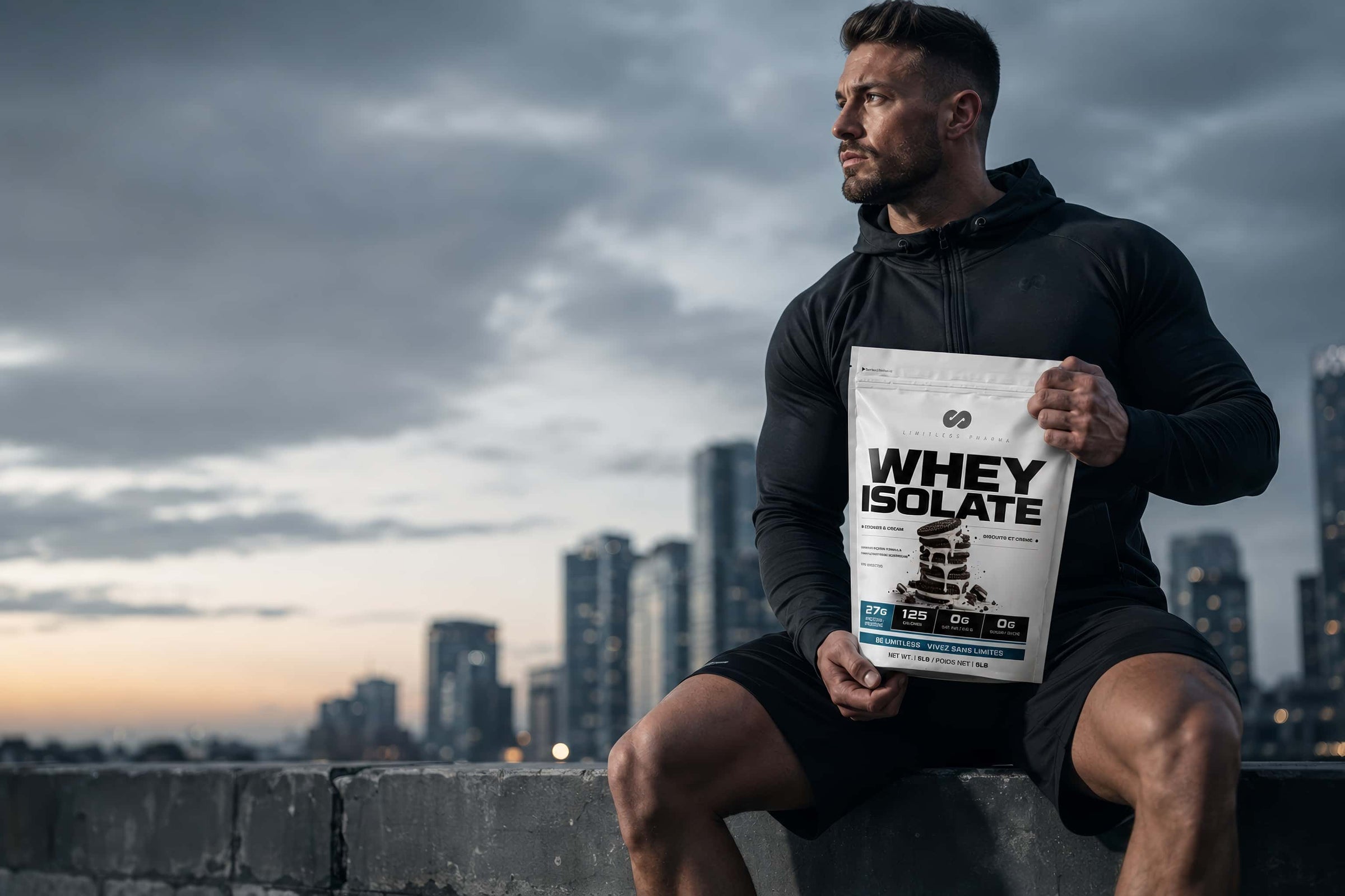 Athlete holding a bag of Limitless Pharma Pure Whey Isolate on a rooftop at dusk
