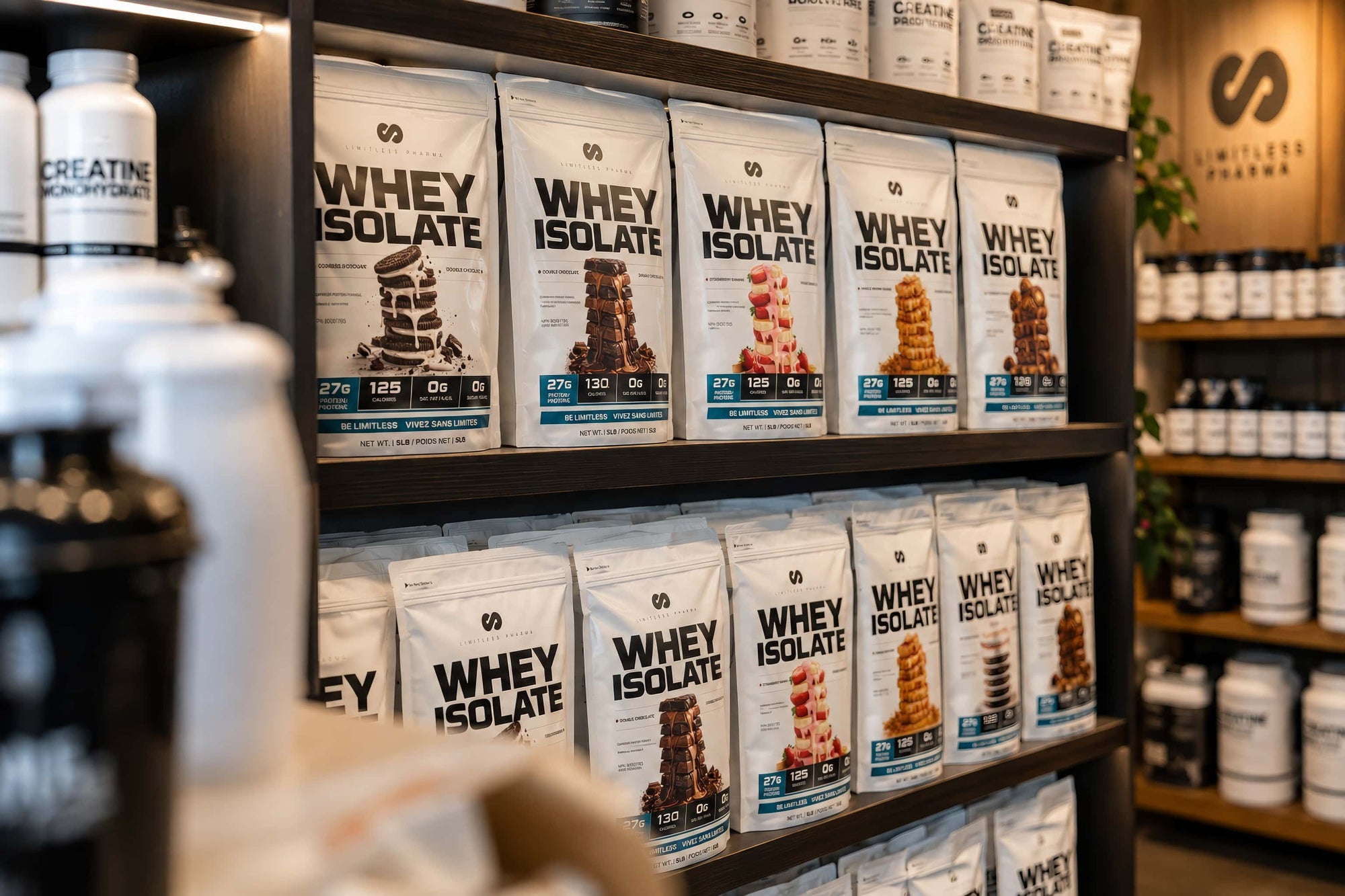 Limitless Pharma Whey Isolate bags on a retail shelf